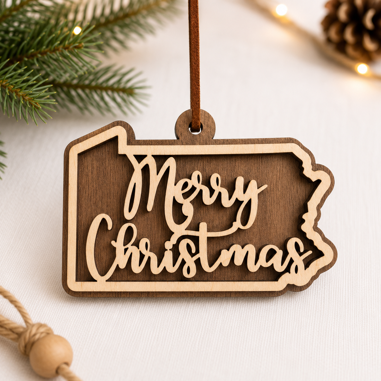 Layered hardwood Pennsylvania Christmas ornament featuring walnut and maple wood with “Merry Christmas” script detail and faux leather hanger styled with evergreen branches and warm holiday lights.