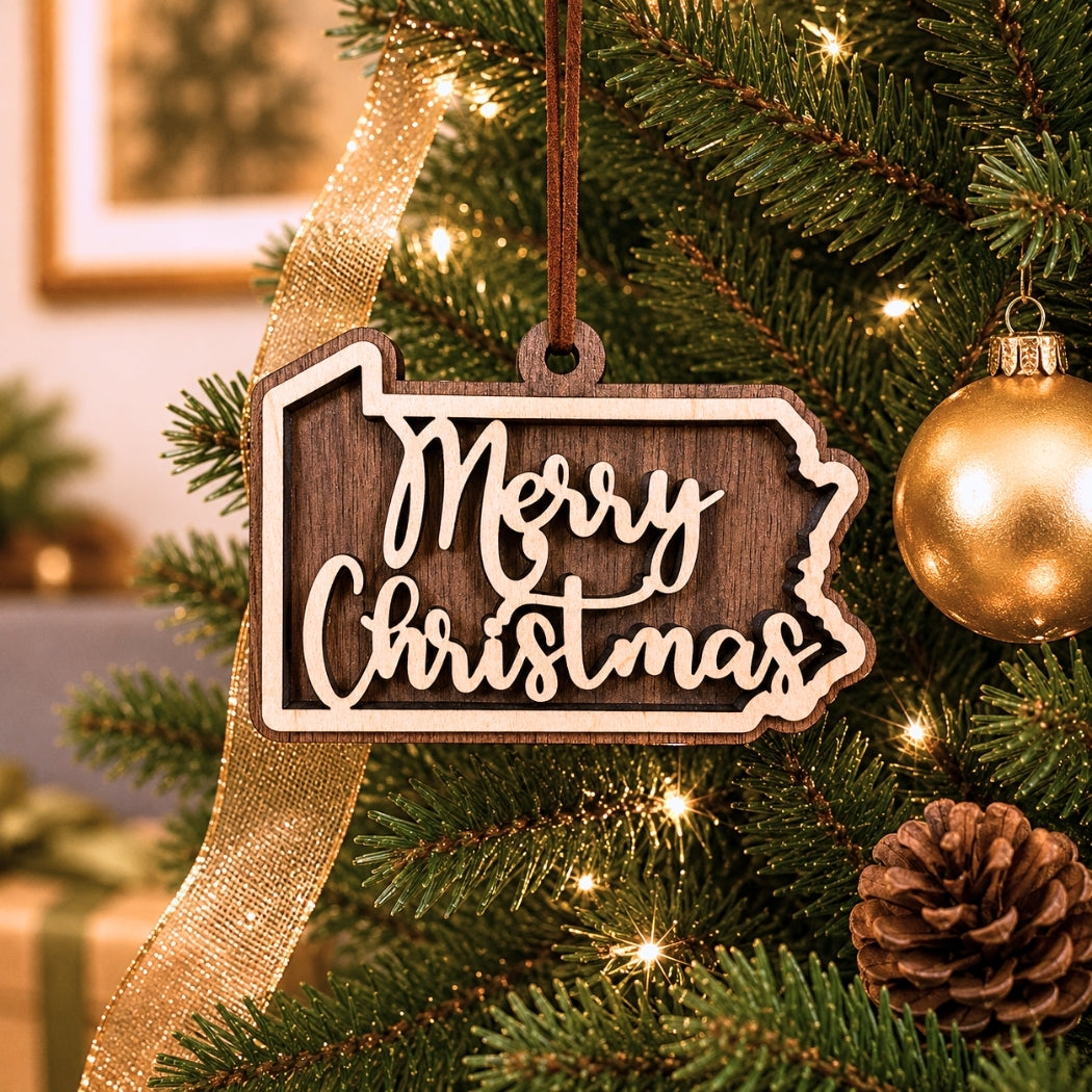 Layered Pennsylvania state Christmas ornament hanging on a decorated holiday tree, featuring walnut and maple wood tones, “Merry Christmas” script, warm white lights, and neutral festive décor.