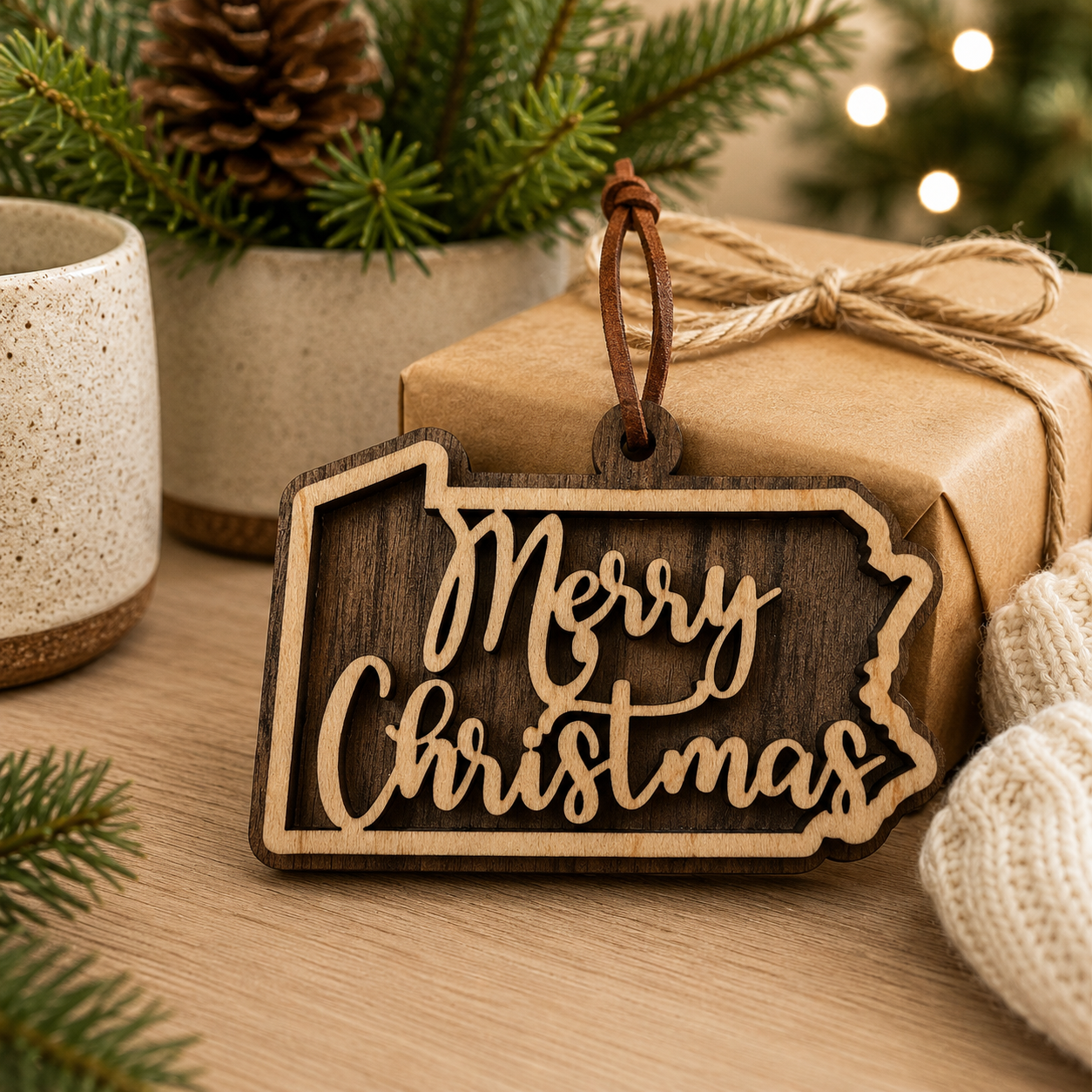 Layered Pennsylvania state Christmas ornament styled in a cozy holiday setting with wrapped gifts, evergreen branches, warm lights, and neutral seasonal décor.