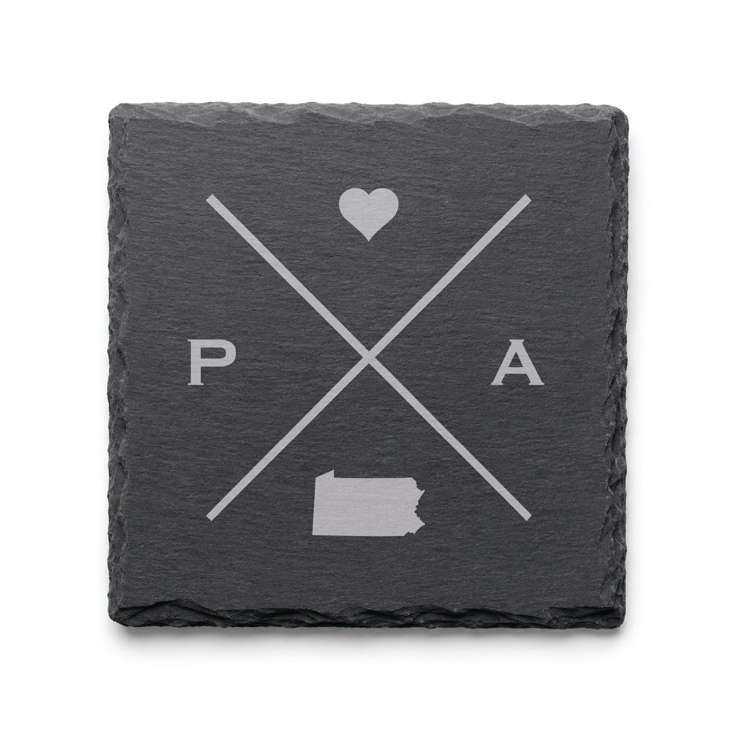 Engraved Pennsylvania slate coaster featuring a minimalist crossed-line design with heart detail and Pennsylvania silhouette on a clean light background.