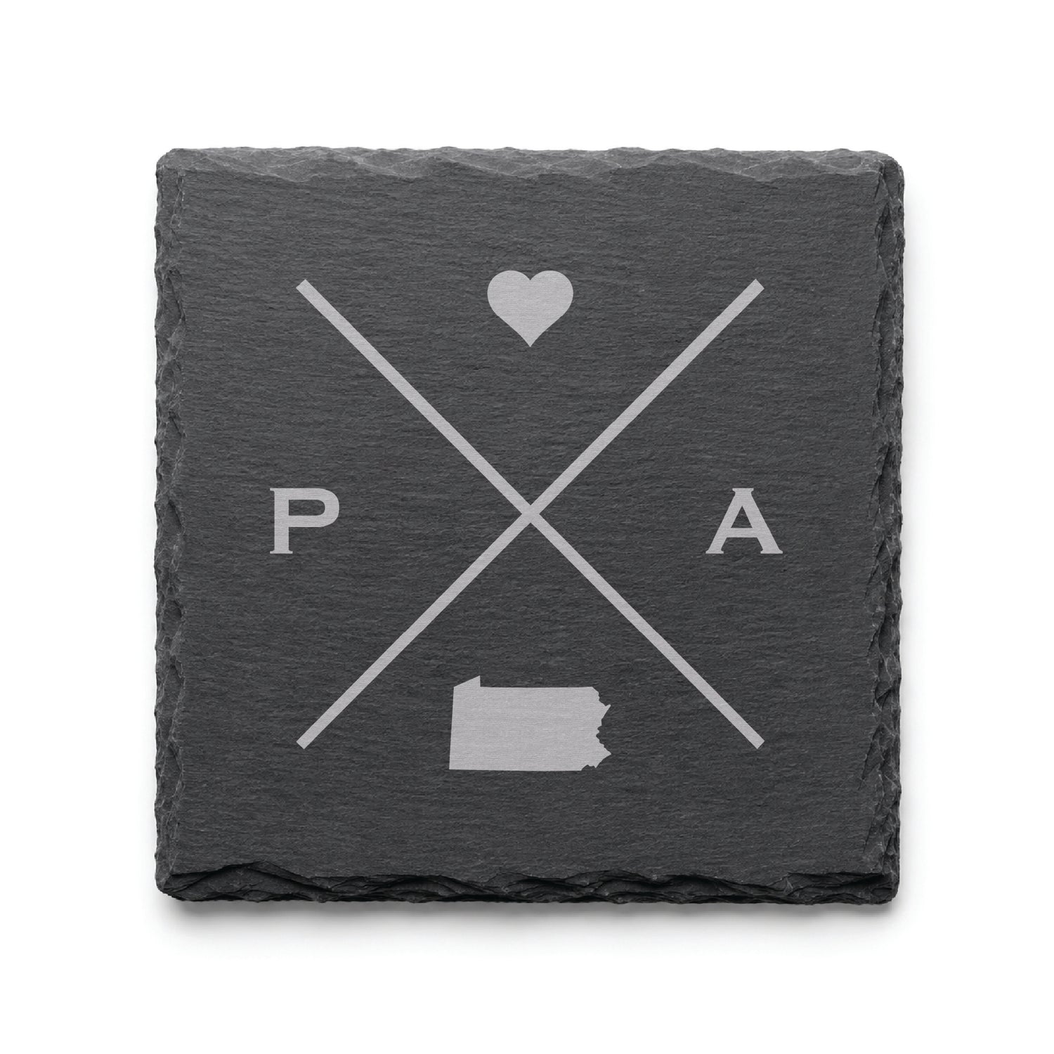 Engraved Pennsylvania slate coaster featuring a minimalist crossed-line design with heart detail and Pennsylvania silhouette on a clean light background.