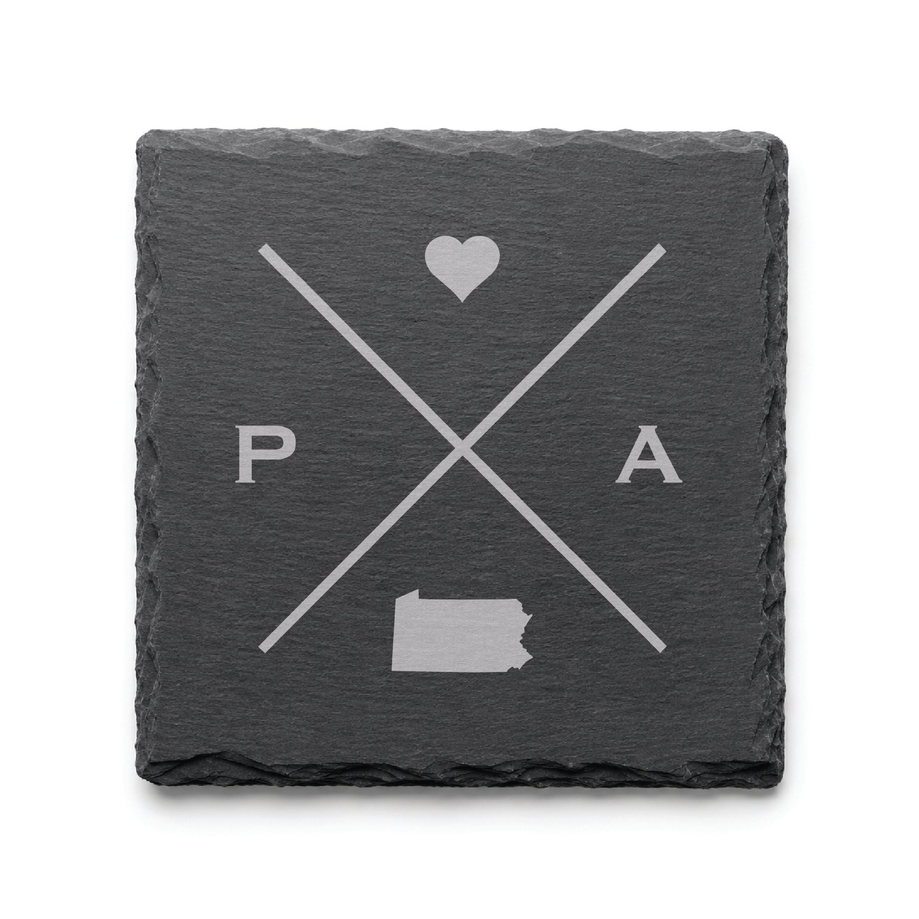 Engraved Pennsylvania slate coaster featuring a minimalist crossed-line design with heart detail and Pennsylvania silhouette on a clean light background.