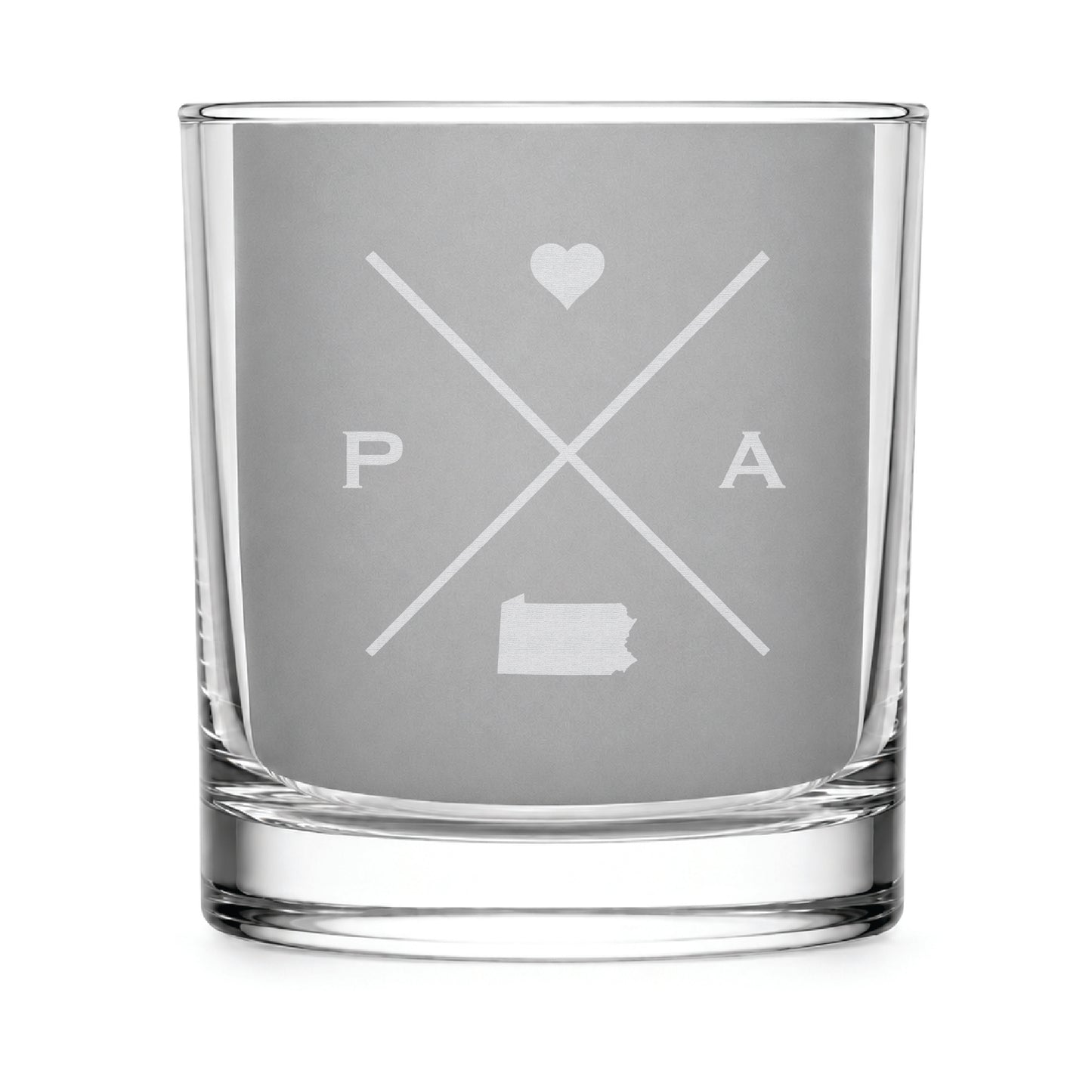 Clear engraved rocks glass featuring a minimalist crossed-line Pennsylvania design with monogram initials, heart icon, and Pennsylvania silhouette on a clean light background.