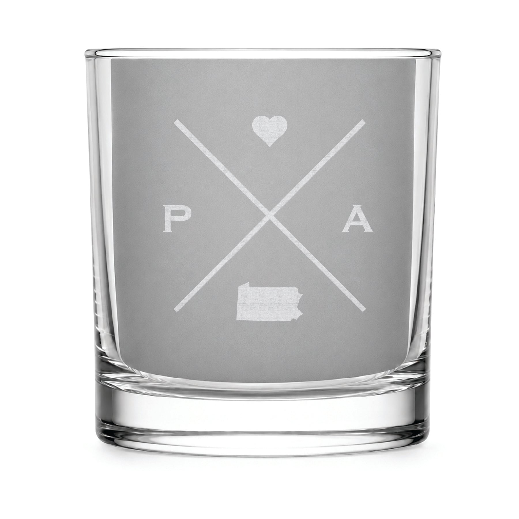 Clear engraved rocks glass featuring a minimalist crossed-line Pennsylvania design with monogram initials, heart icon, and Pennsylvania silhouette on a clean light background.
