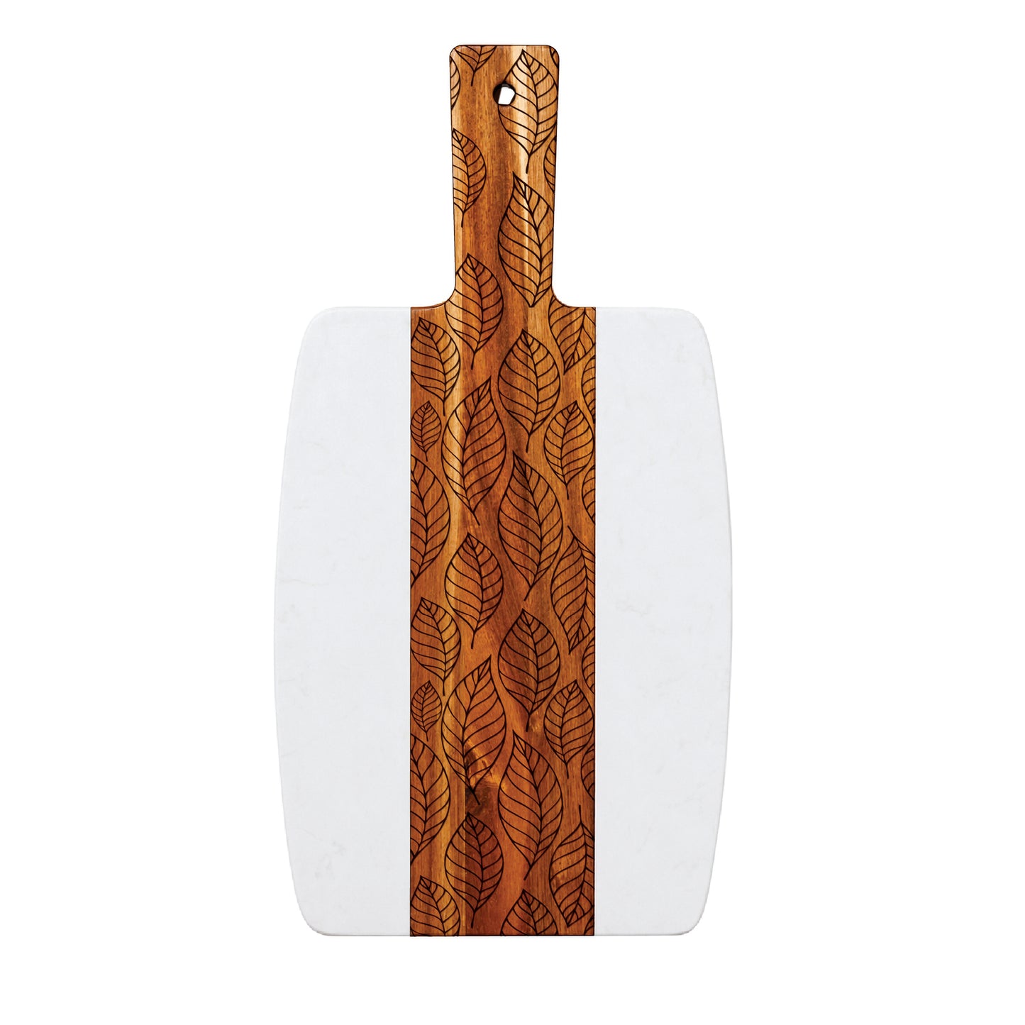 Marble and acacia serving board featuring an engraved falling leaf pattern on the wood center panel, shown on a light gray background.