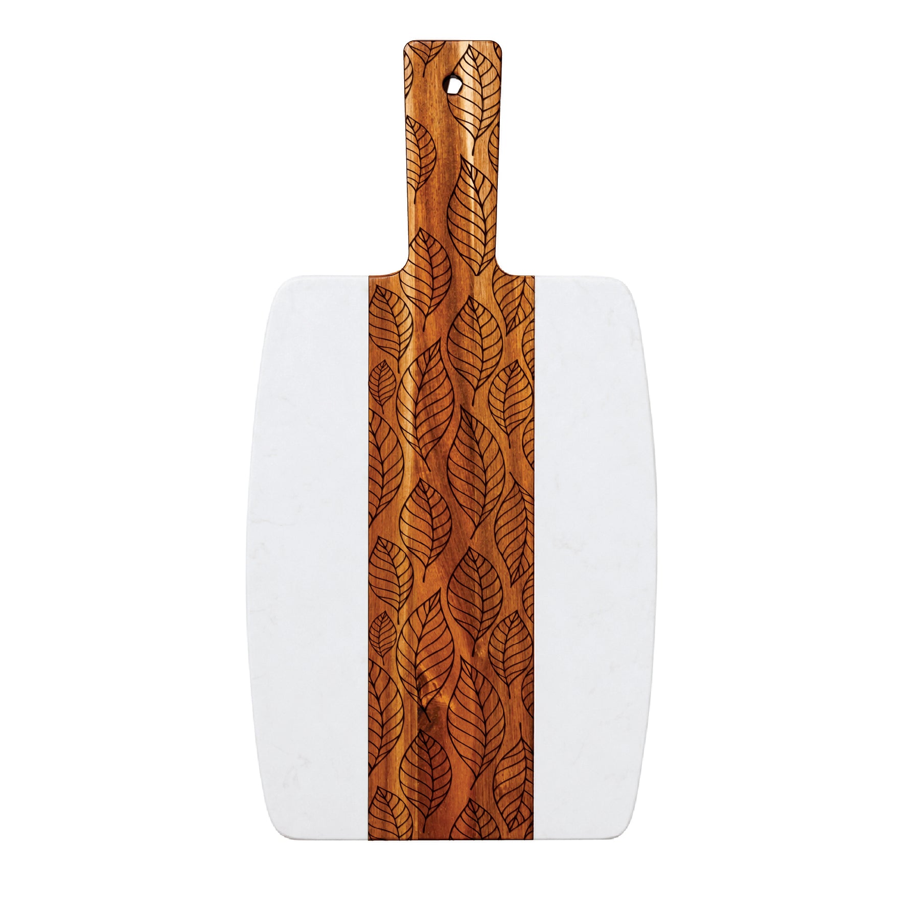 Marble and acacia serving board featuring an engraved falling leaf pattern on the wood center panel, shown on a light gray background.