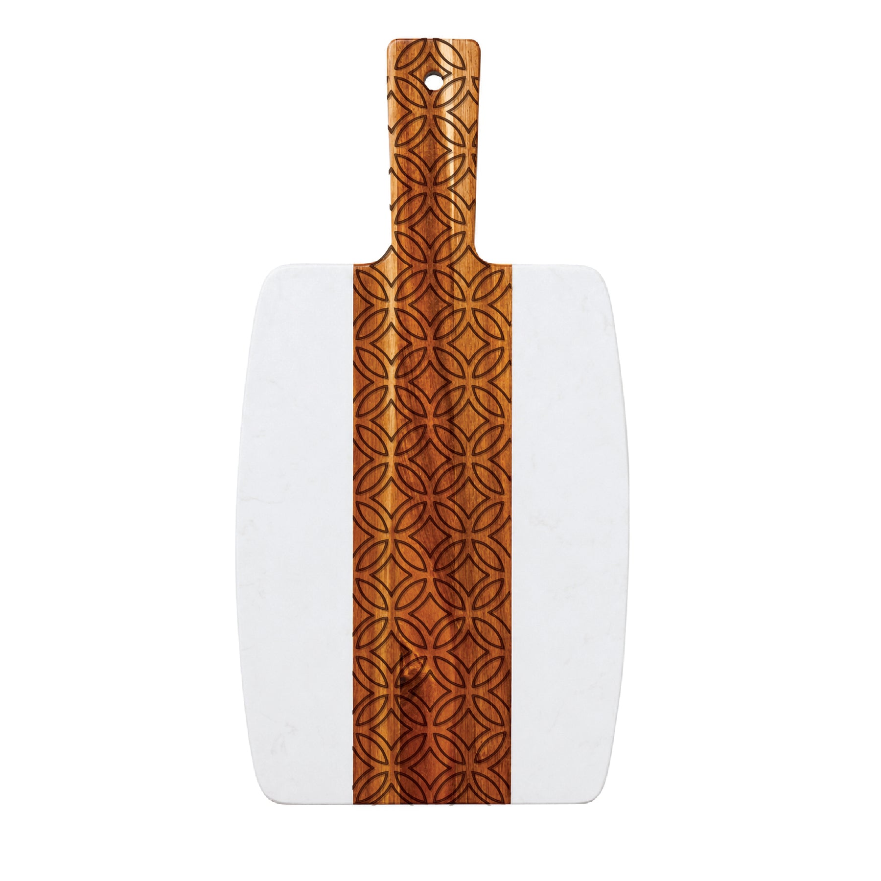 Geometric Circle engraved marble serving board with white marble sides and acacia wood center panel, shown on a clean white background.