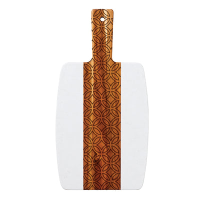 Geometric Circle engraved marble serving board with white marble sides and acacia wood center panel, shown on a clean white background.
