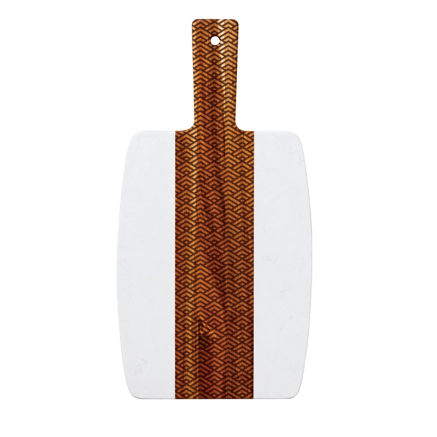 Geometric peak marble and acacia serving board with engraved repeating geometric pattern on the wood center panel, shown on a white background.