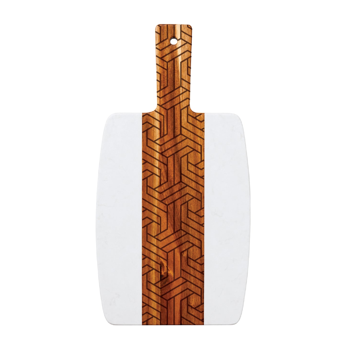Marble and acacia serving board featuring an engraved modern geometric pattern on the wood center panel, shown on a white background.