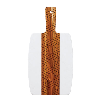Marble and acacia serving board featuring an engraved modern geometric pattern on the wood center panel, shown on a white background.