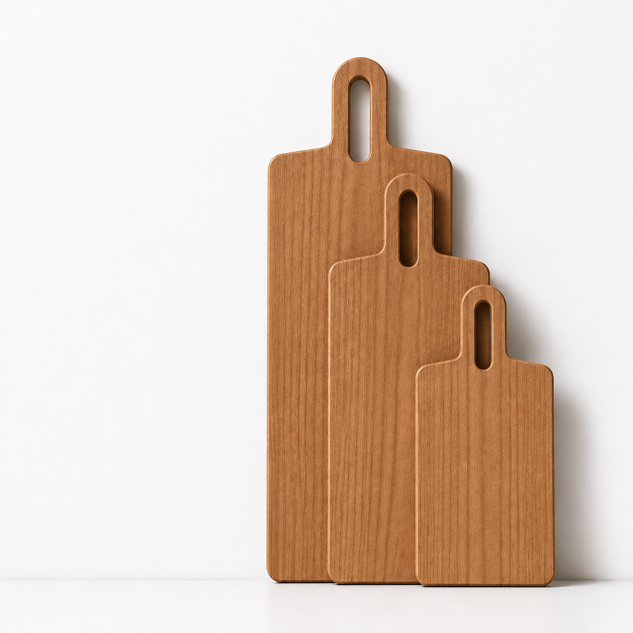 Cherry serving boards in three graduated sizes displayed against a neutral background with rounded corners and elongated handle cutouts