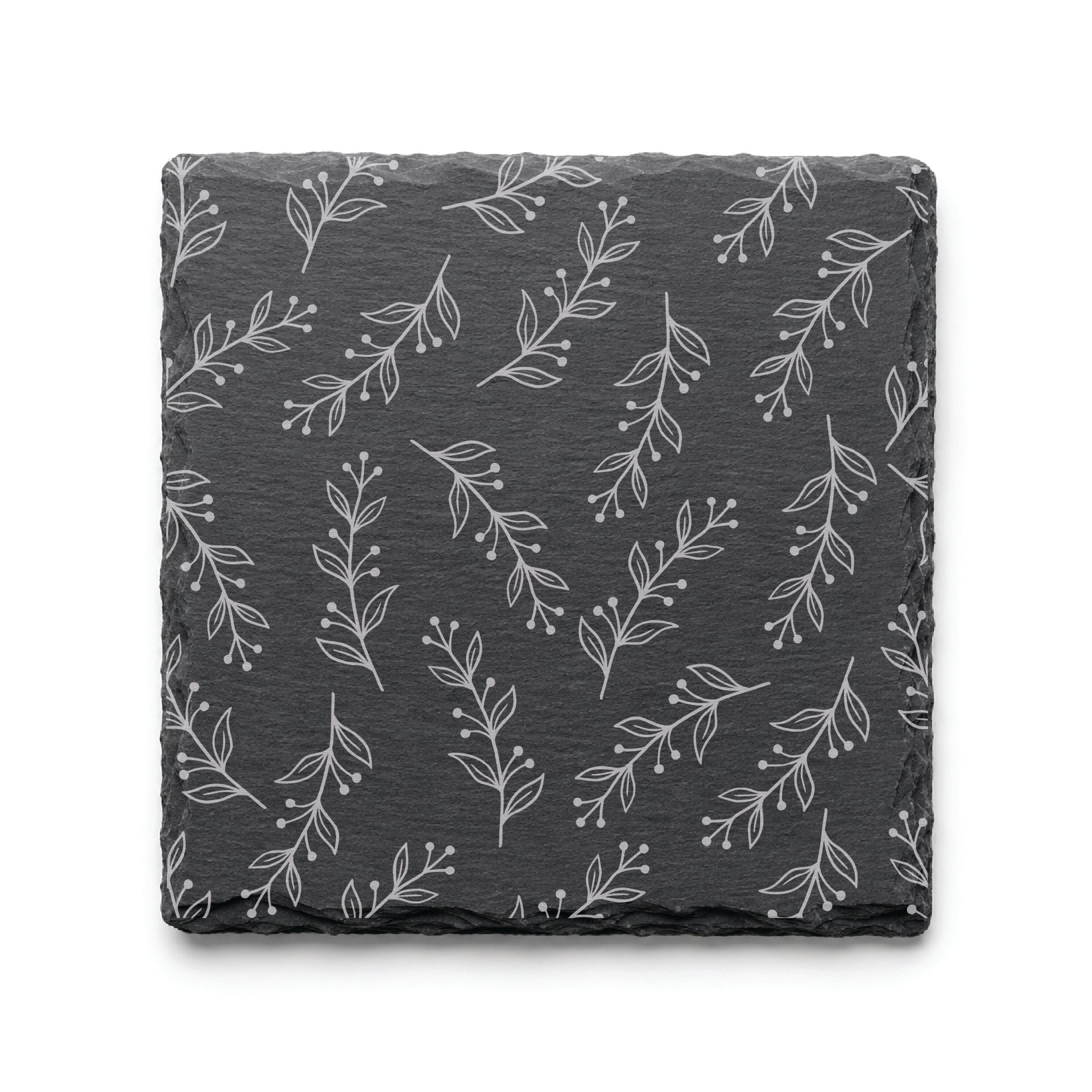 Floral Vine engraved slate coaster featuring a delicate botanical pattern with flowing vines, leaves, and berries on natural black slate.