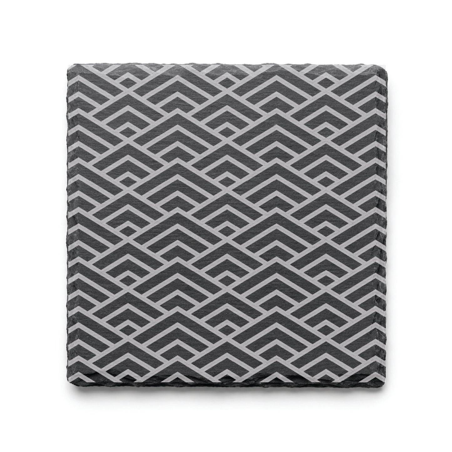 Geometric Peaks engraved slate coaster featuring a repeating geometric pattern on natural black slate.