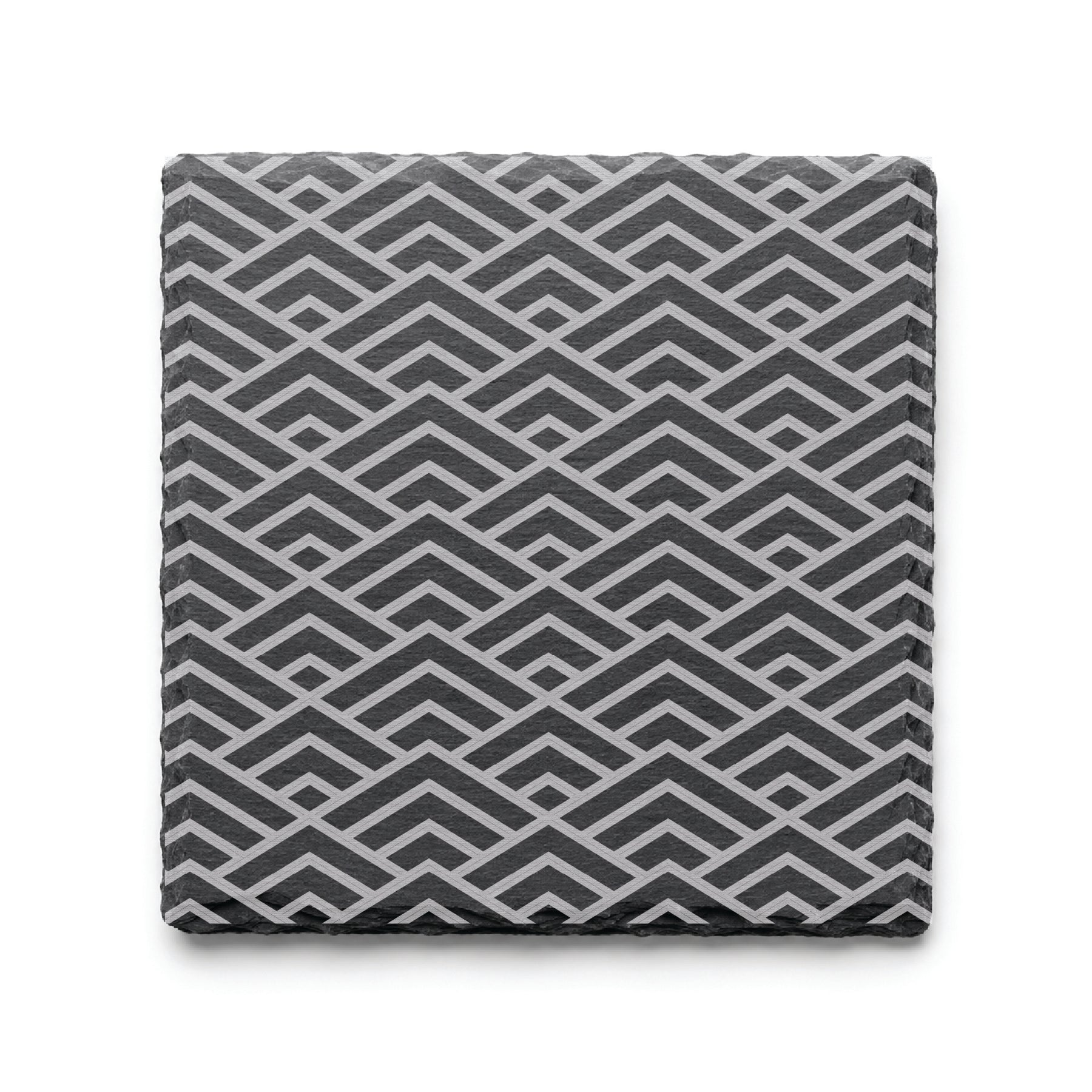 Geometric Peaks engraved slate coaster featuring a repeating geometric pattern on natural black slate.