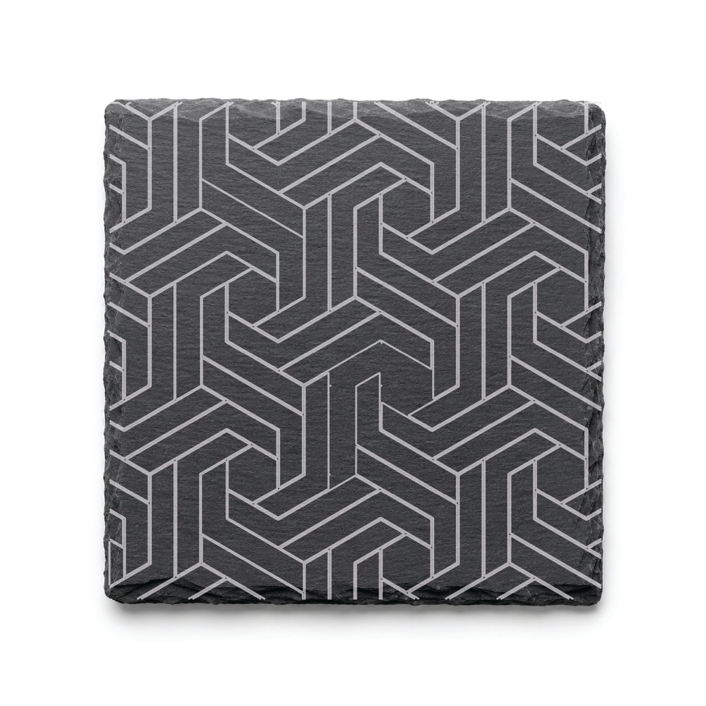 Modern Geometric engraved slate coaster featuring an interlocking geometric pattern on natural black slate.