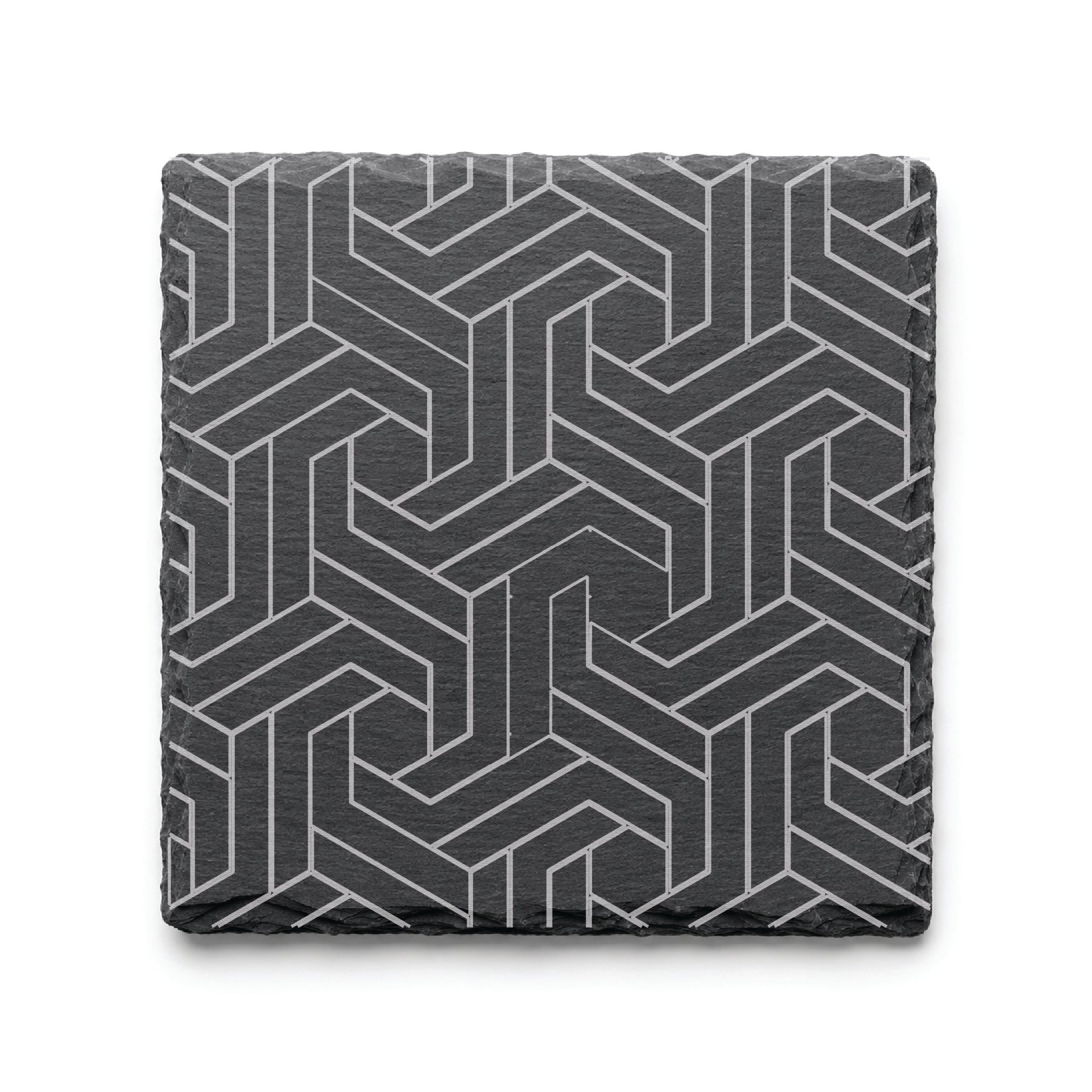 Modern Geometric engraved slate coaster featuring an interlocking geometric pattern on natural black slate.