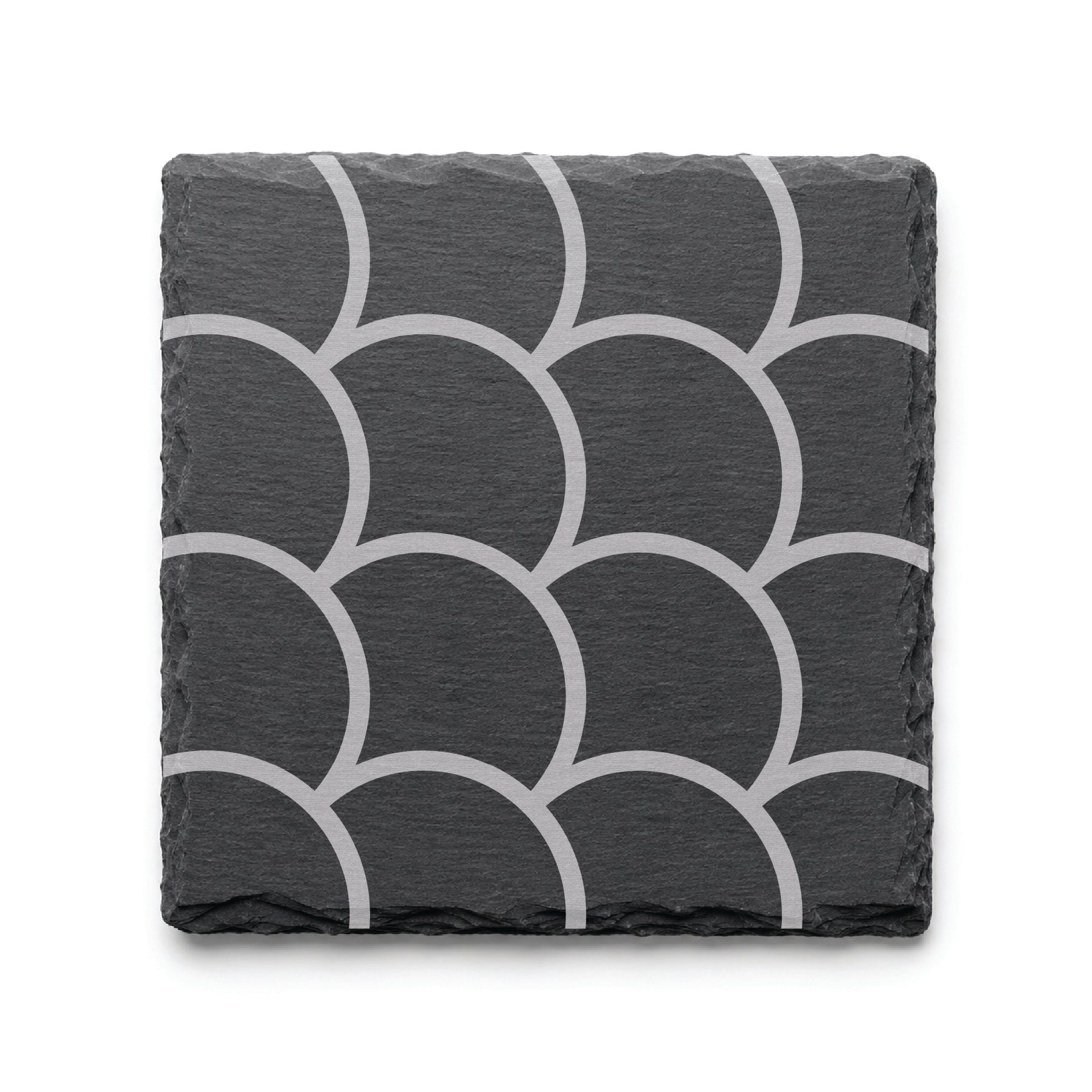 Scallop Pattern engraved slate coaster featuring a modern scalloped geometric design on natural black slate.