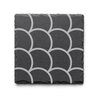 Scallop Pattern engraved slate coaster featuring a modern scalloped geometric design on natural black slate.