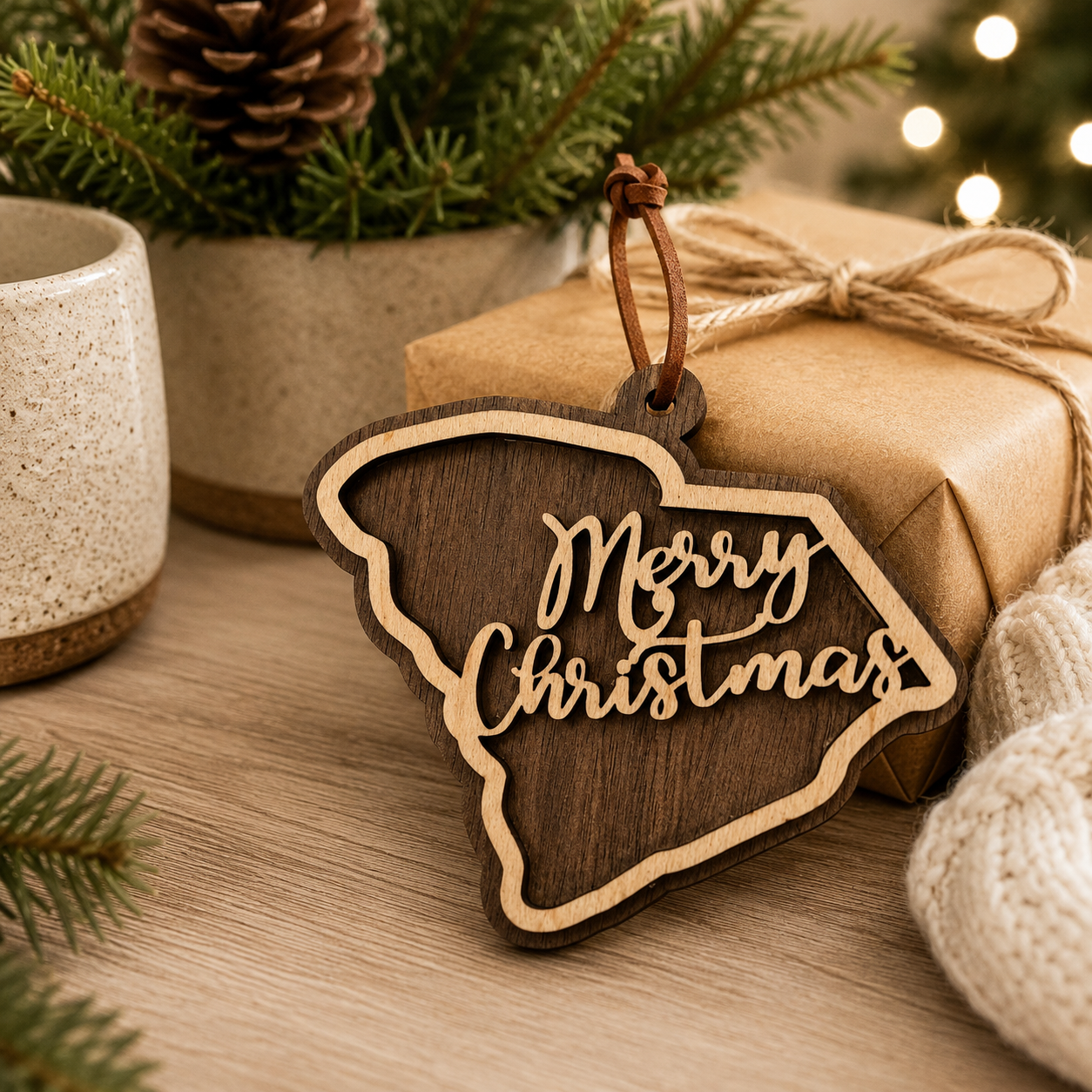 Layered South Carolina state Christmas ornament styled in a cozy holiday setting with wrapped gifts, evergreen branches, warm lights, and neutral seasonal décor.