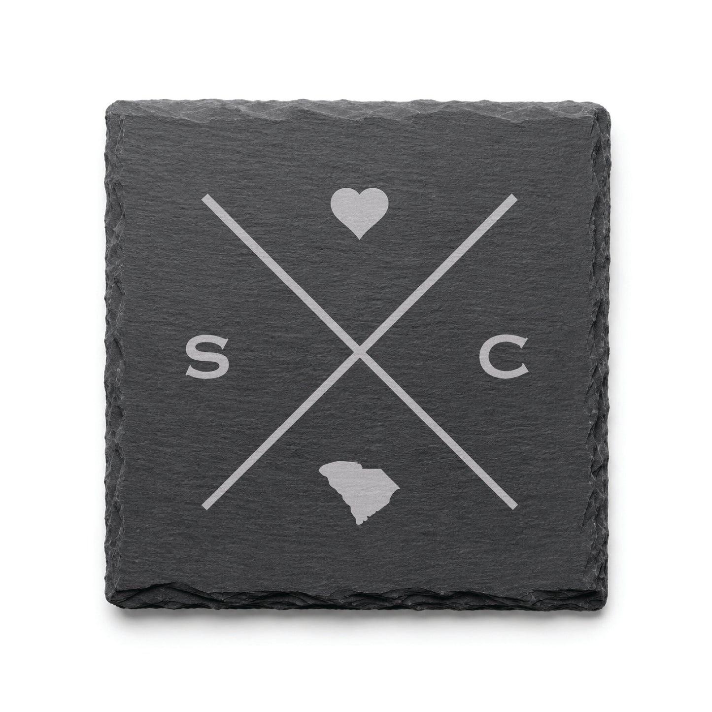 Engraved South Carolina slate coaster featuring a minimalist crossed-line design with heart detail and South Carolina silhouette on a clean light background.