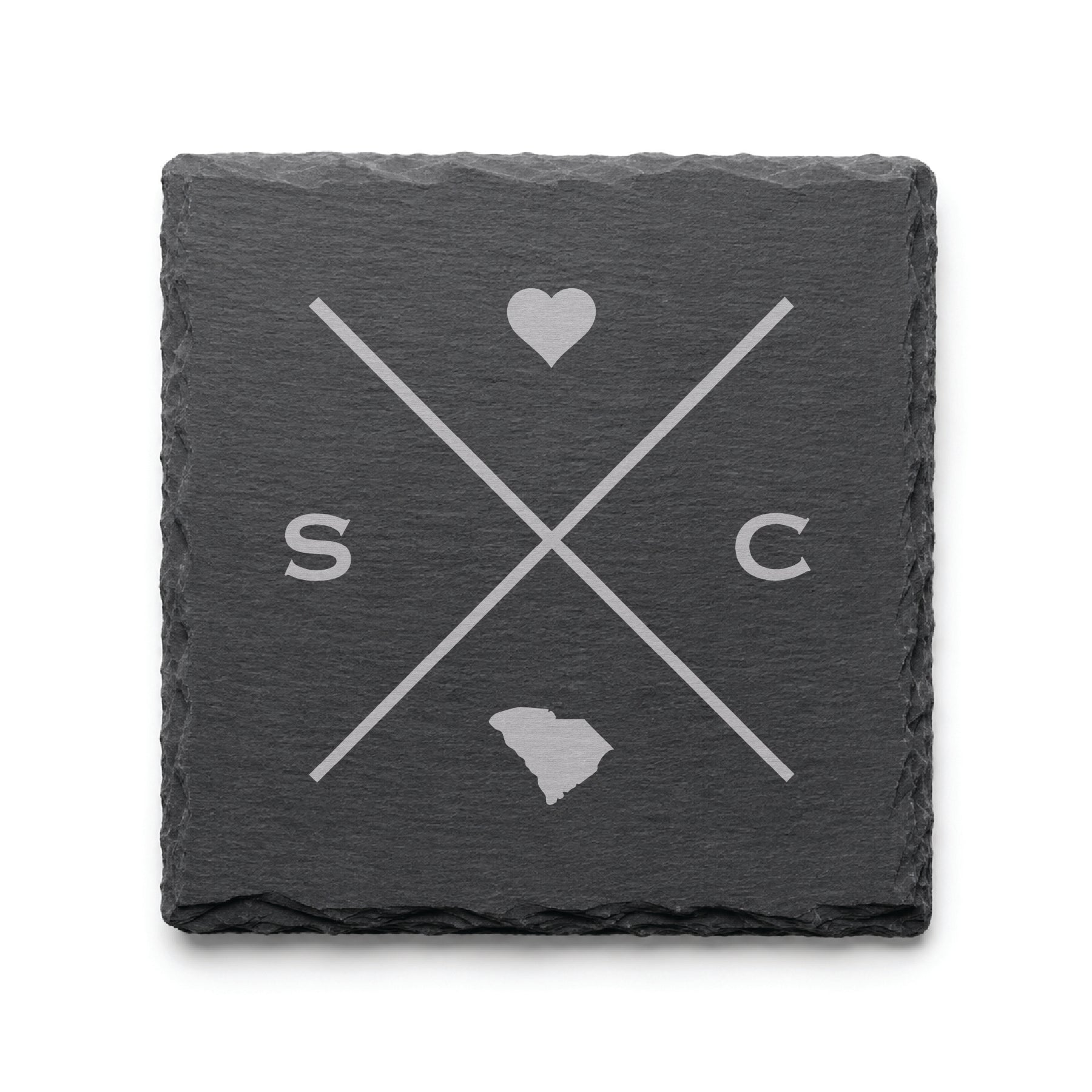 Engraved South Carolina slate coaster featuring a minimalist crossed-line design with heart detail and South Carolina silhouette on a clean light background.