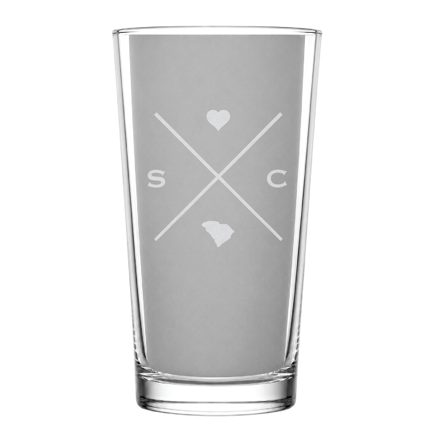 Clear pint glass with engraved South Carolina crossed-line design, heart icon, and South Carolina silhouette on a clean light background