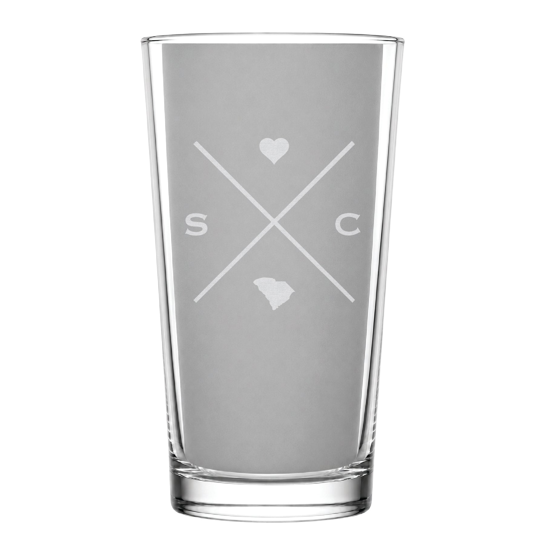 Clear pint glass with engraved South Carolina crossed-line design, heart icon, and South Carolina silhouette on a clean light background