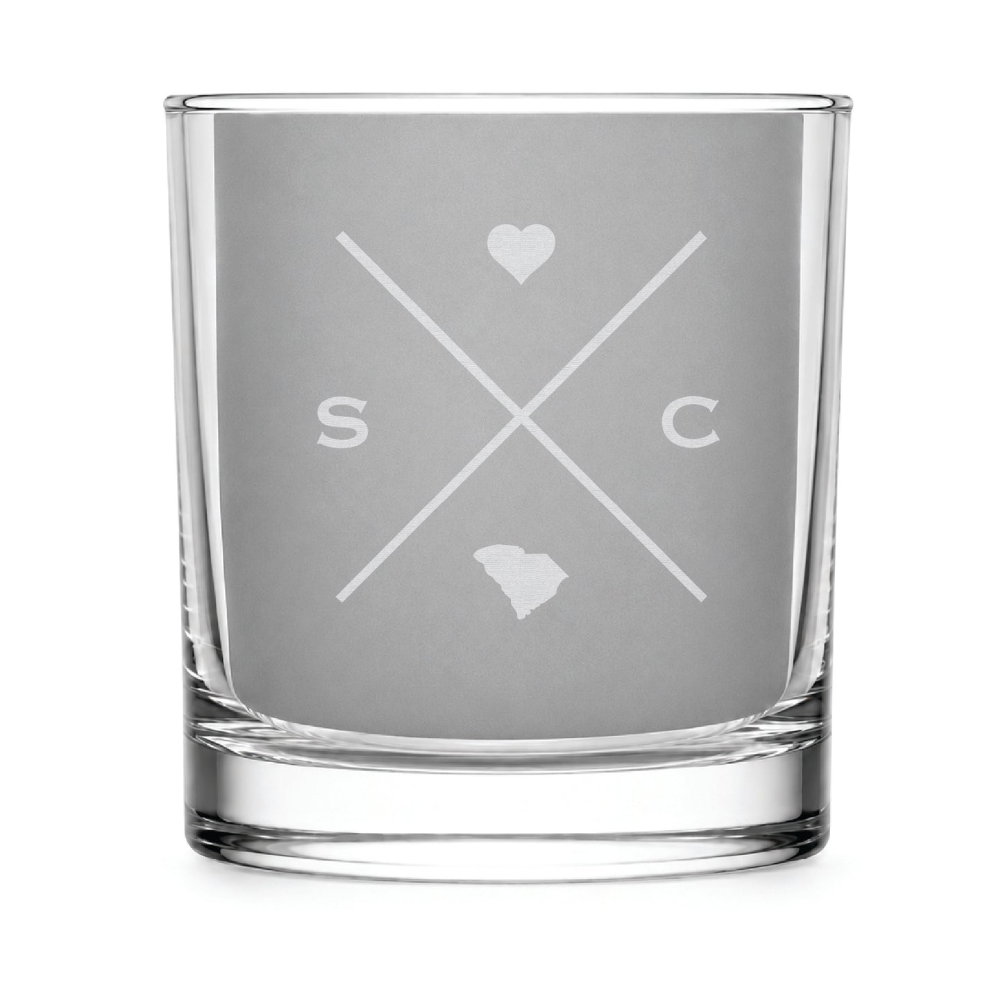 Clear engraved rocks glass featuring a minimalist crossed-line South Carolina design with monogram initials, heart icon, and South Carolina silhouette on a clean light background.