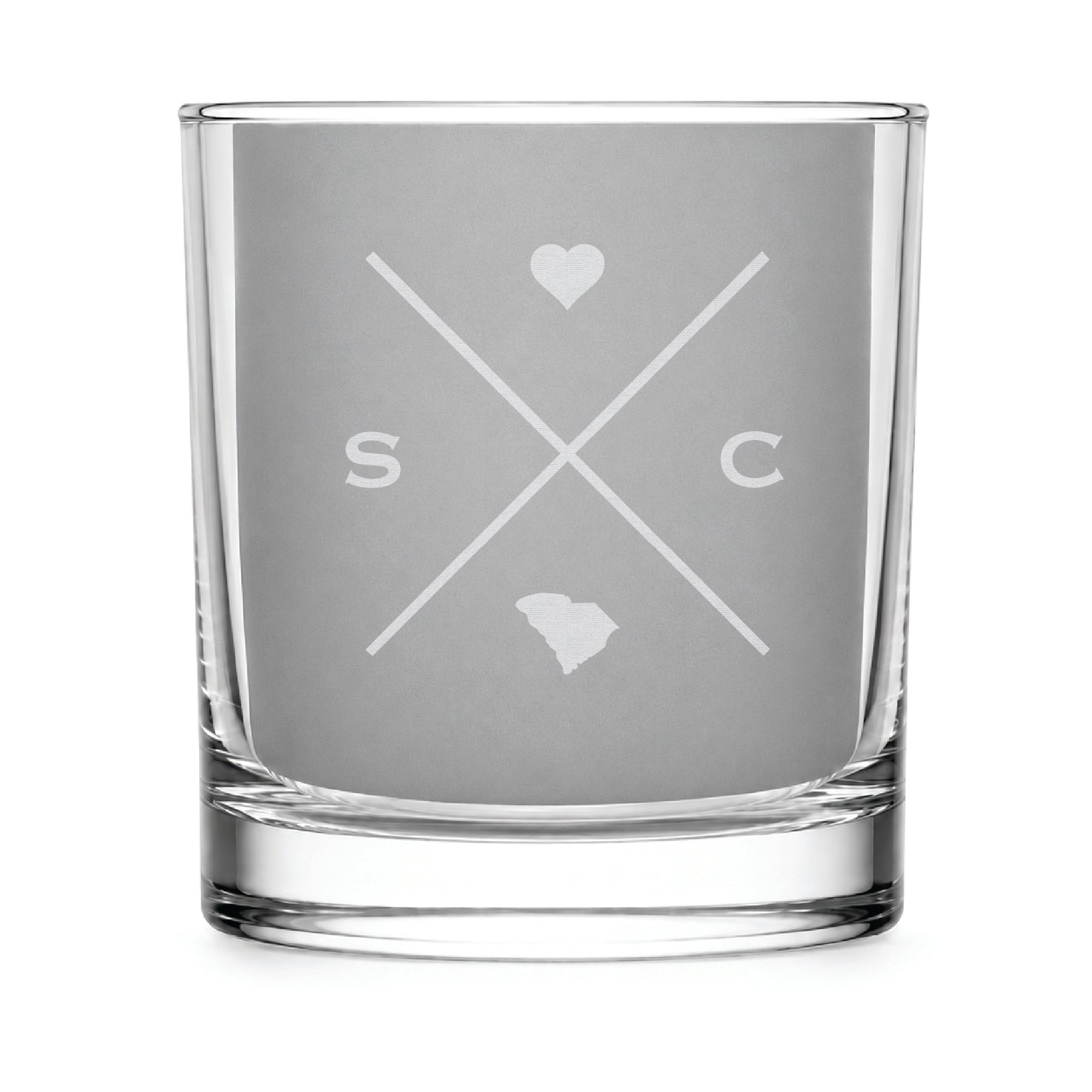Clear engraved rocks glass featuring a minimalist crossed-line South Carolina design with monogram initials, heart icon, and South Carolina silhouette on a clean light background.