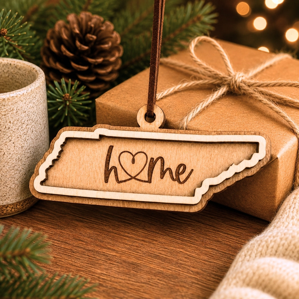 Layered Tennessee wood ornament with engraved “home” script displayed beside wrapped holiday gifts, greenery, and warm seasonal décor.