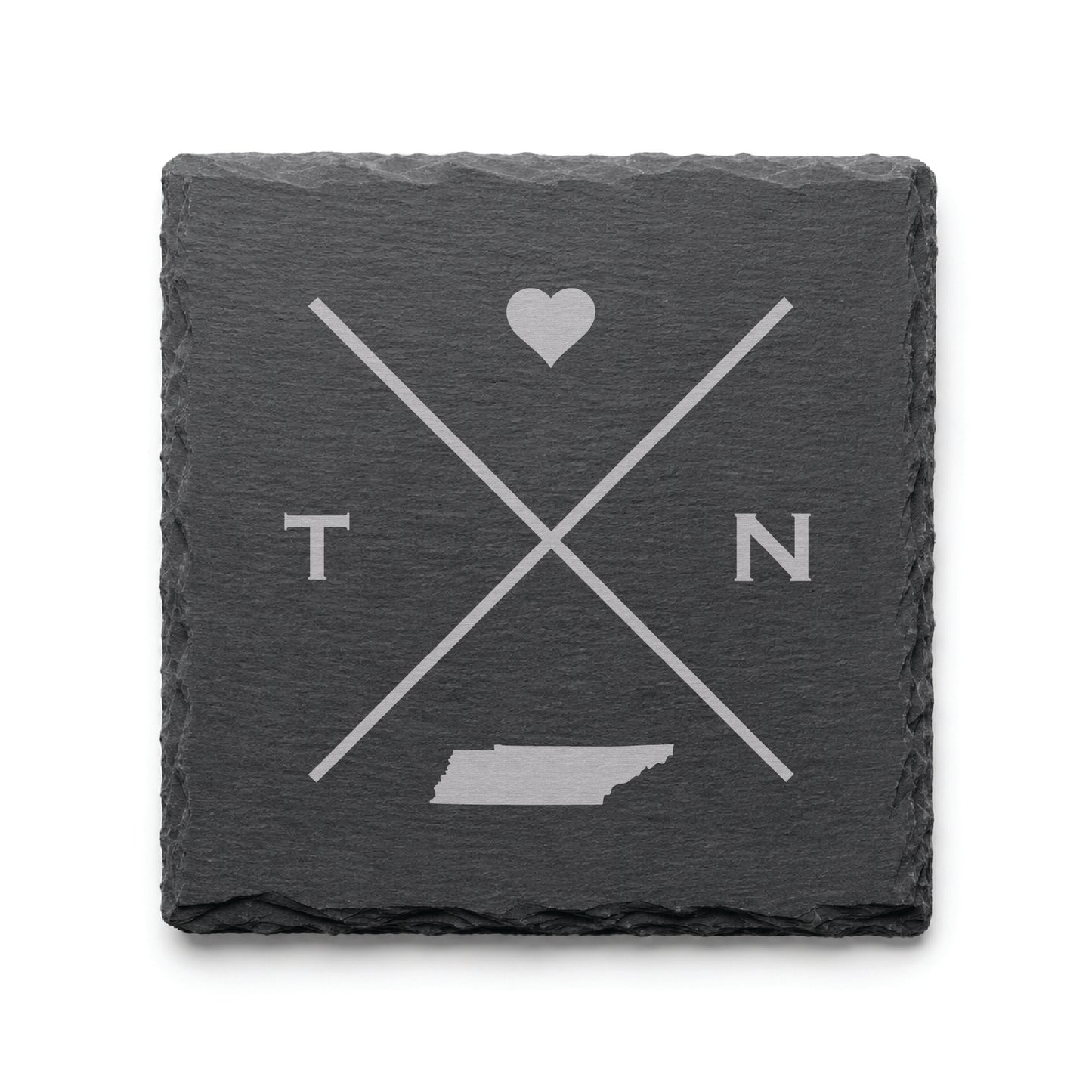 Engraved Tennessee slate coaster featuring a minimalist crossed-line design with heart detail and Tennessee silhouette on a clean light background.