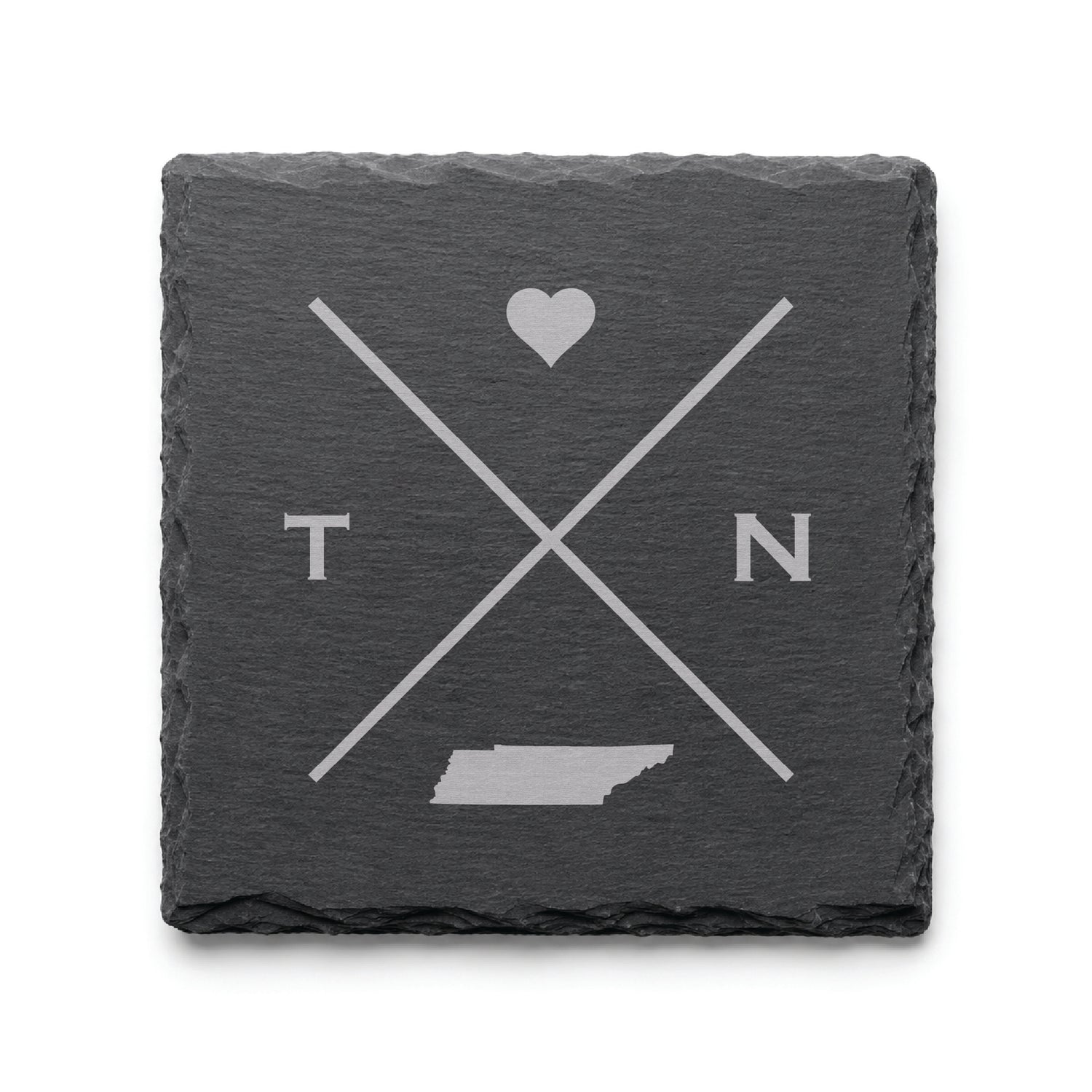 Engraved Tennessee slate coaster featuring a minimalist crossed-line design with heart detail and Tennessee silhouette on a clean light background.