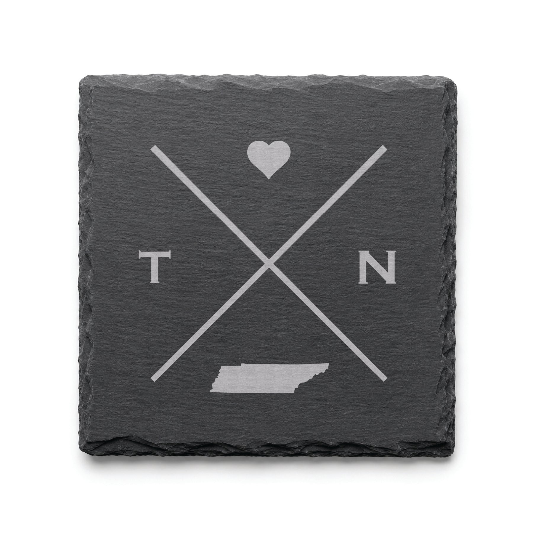 Engraved Tennessee slate coaster featuring a minimalist crossed-line design with heart detail and Tennessee silhouette on a clean light background.