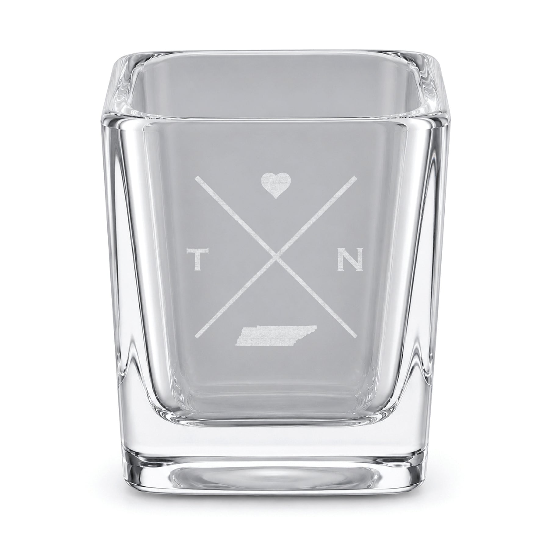 Clear engraved Tennessee shot glass featuring a minimalist crossed-line design with heart detail and Tennessee silhouette on a clean light background.