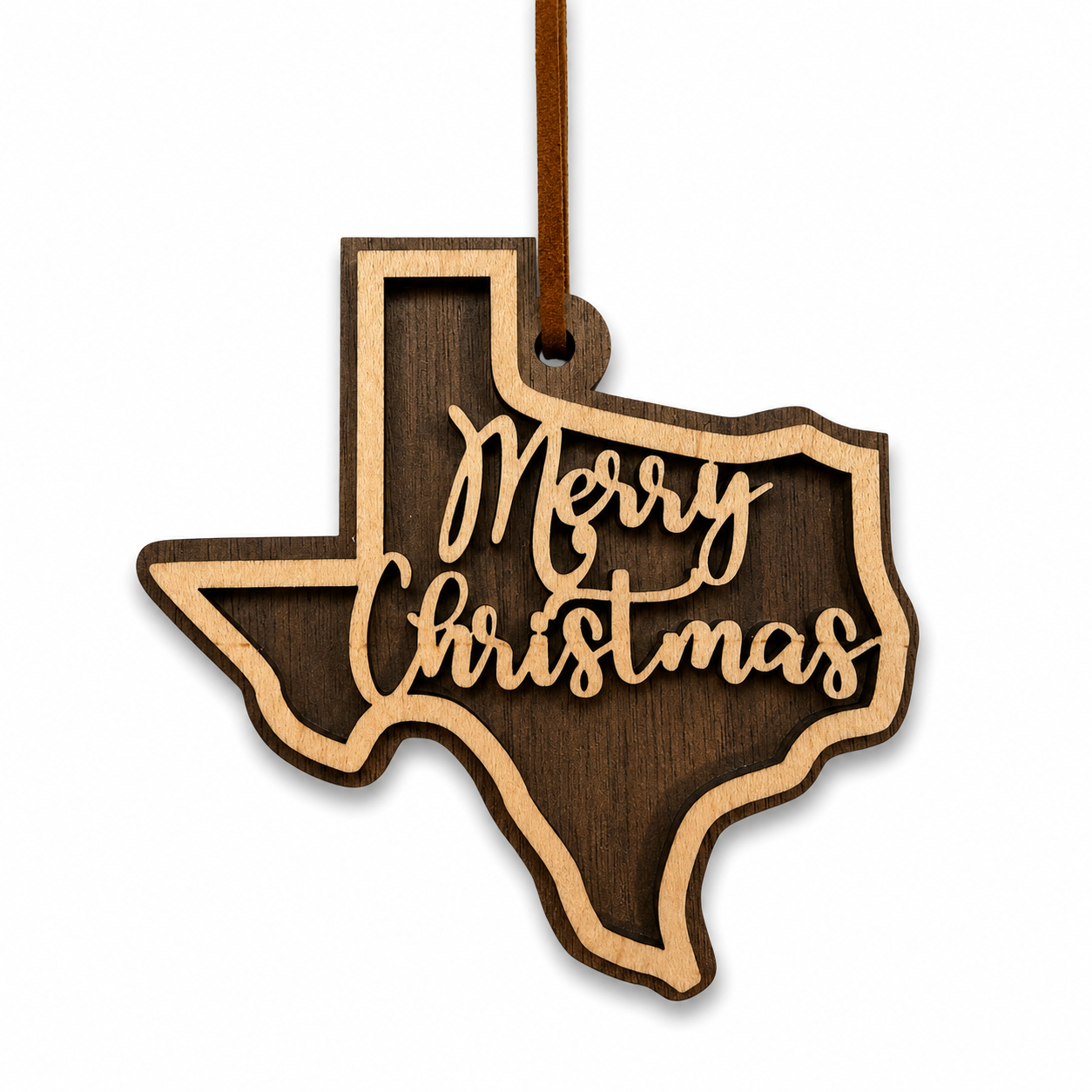 Wooden Texas-shaped ornament with 'Merry Christmas' text on a white background