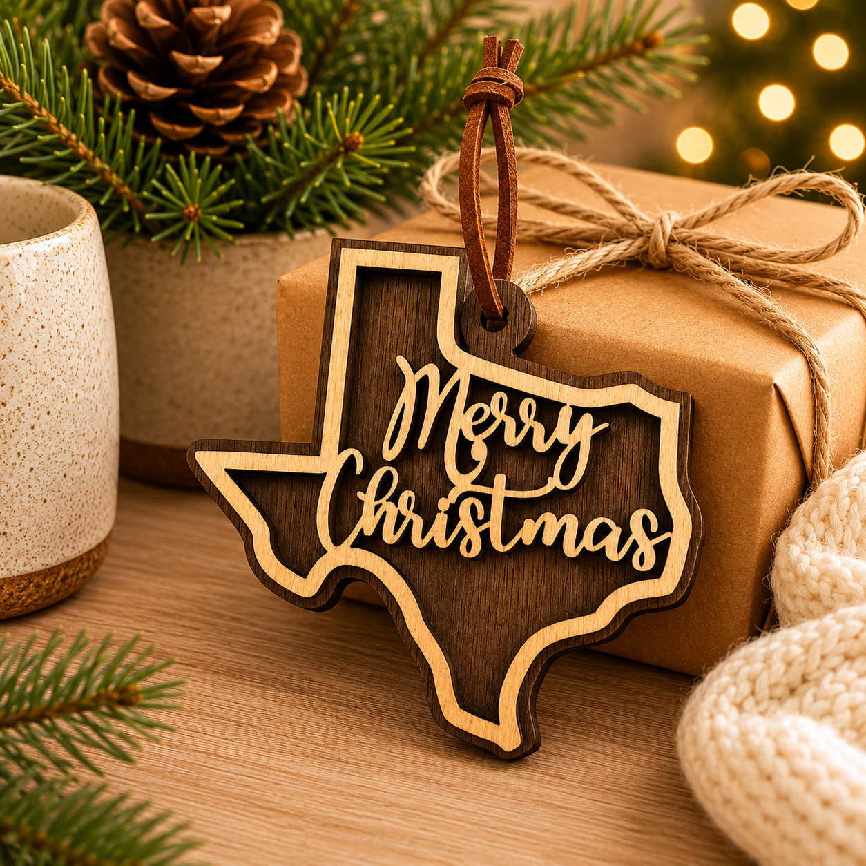 Wooden 'Merry Christmas' Texas-shaped ornament on a wrapped gift with pine branches and lights in the background.