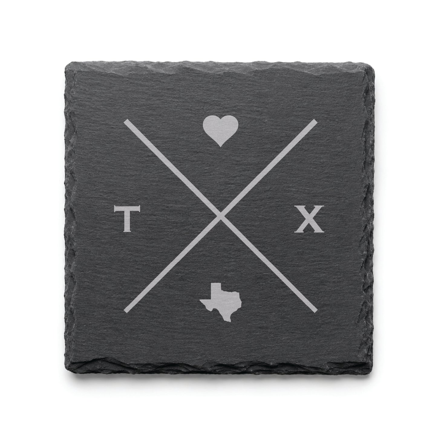 Engraved Texas slate coaster featuring a minimalist crossed-line design with heart detail and Texas silhouette on a clean light background.