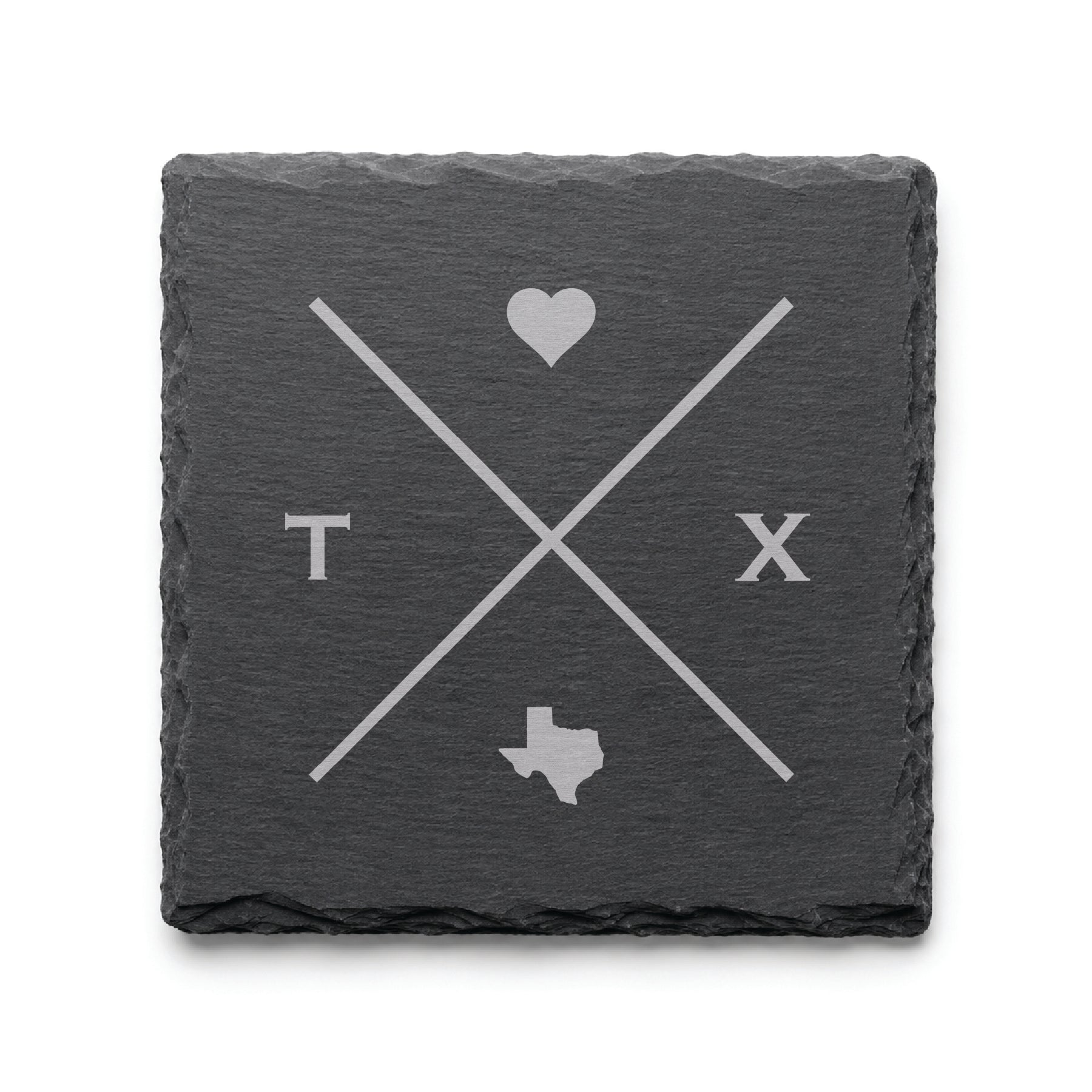 Engraved Texas slate coaster featuring a minimalist crossed-line design with heart detail and Texas silhouette on a clean light background.
