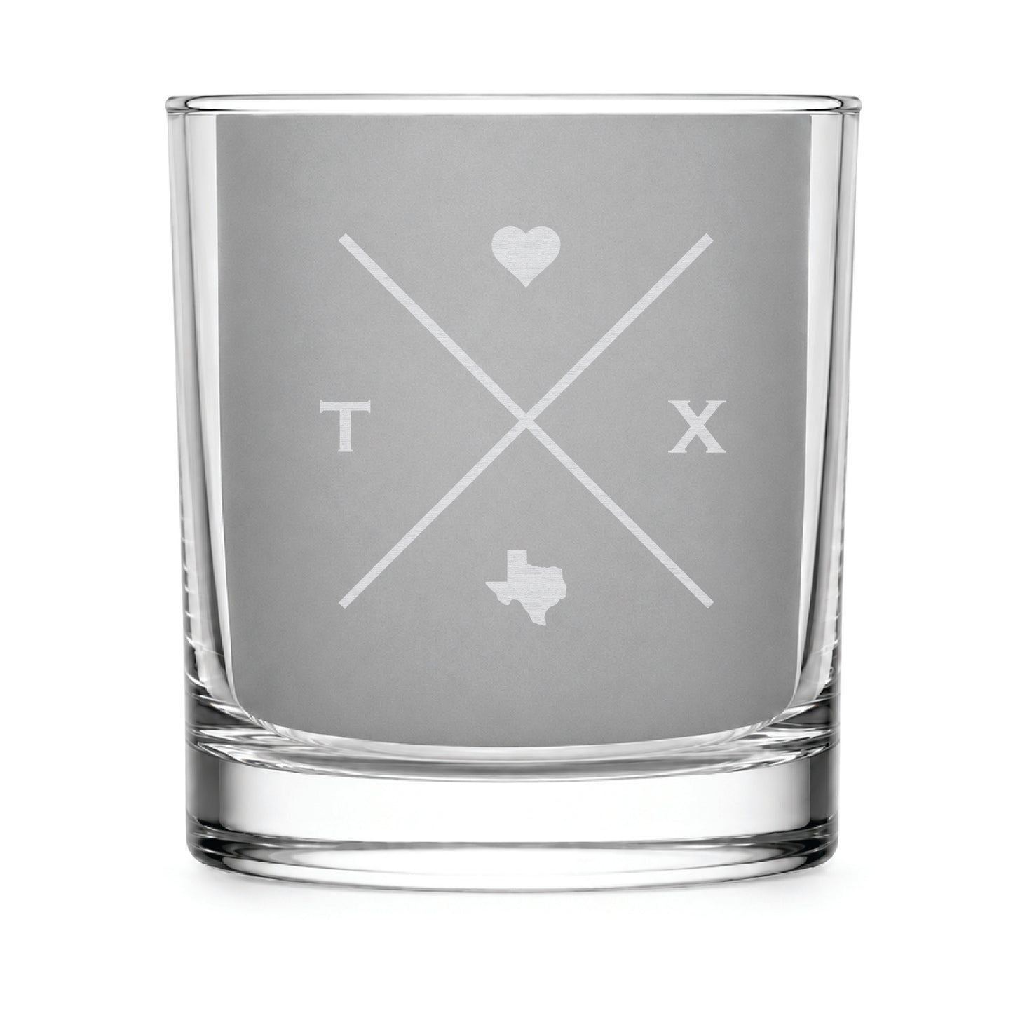 Clear engraved rocks glass featuring a minimalist crossed-line Texas design with monogram initials, heart icon, and Texas silhouette on a clean light background.