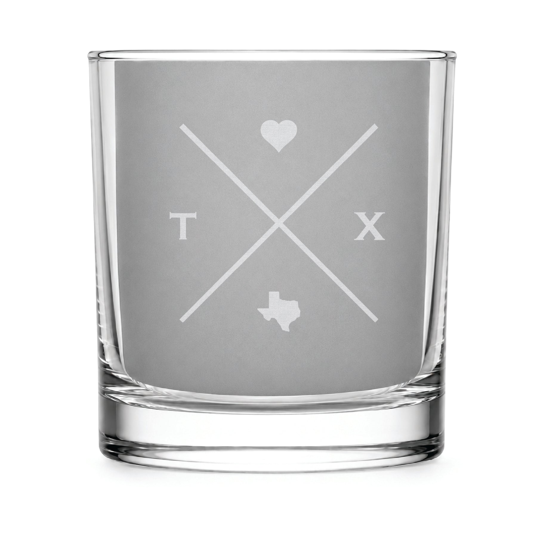Clear engraved rocks glass featuring a minimalist crossed-line Texas design with monogram initials, heart icon, and Texas silhouette on a clean light background.