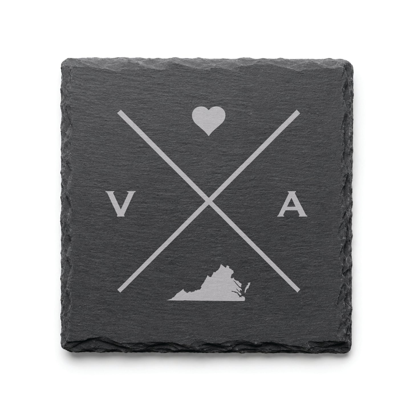 Engraved Virginia slate coaster featuring a minimalist crossed-line design with heart detail and Virginia silhouette on a clean light background.