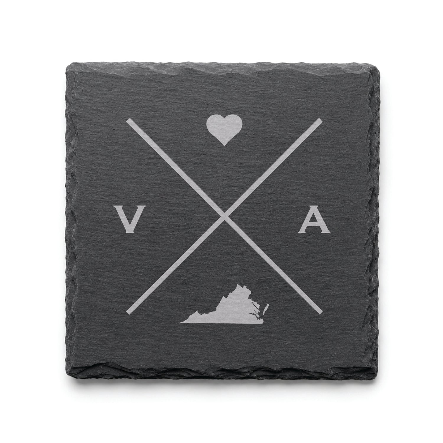 Engraved Virginia slate coaster featuring a minimalist crossed-line design with heart detail and Virginia silhouette on a clean light background.