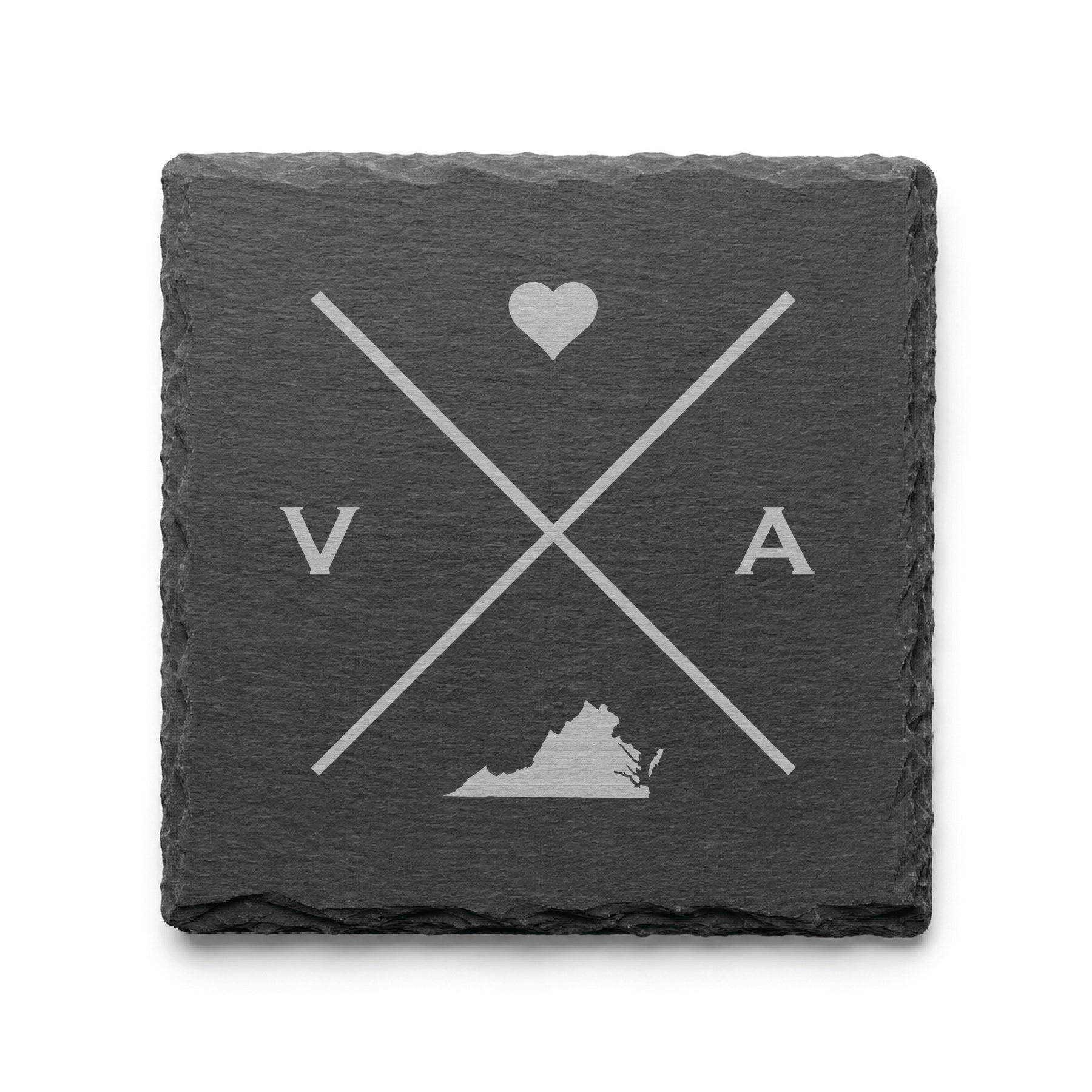 Engraved Virginia slate coaster featuring a minimalist crossed-line design with heart detail and Virginia silhouette on a clean light background.