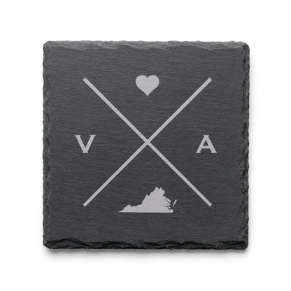 Engraved Virginia slate coaster featuring a minimalist crossed-line design with heart detail and Virginia silhouette on a clean light background.