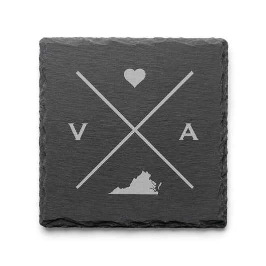 Engraved Virginia slate coaster featuring a minimalist crossed-line design with heart detail and Virginia silhouette on a clean light background.