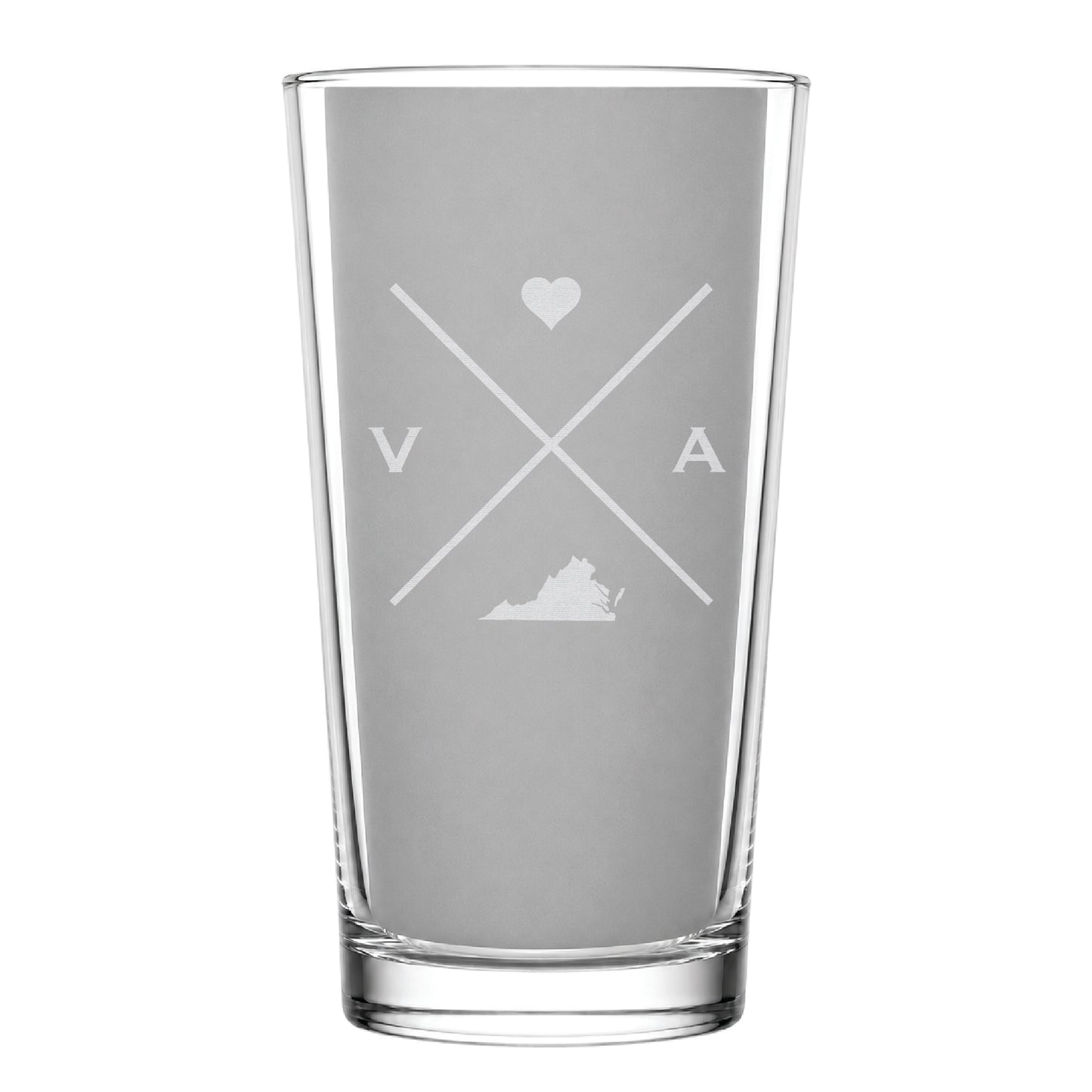 Clear pint glass with engraved Virginia crossed-line design, heart icon, and Virginia silhouette on a clean light background
