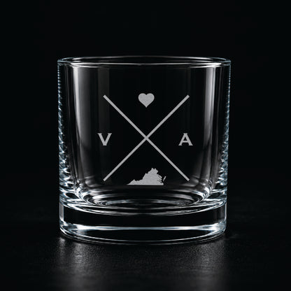 Engraved Virginia rocks glass with frosted Virginia silhouette and crossed-letter monogram on a dark background.