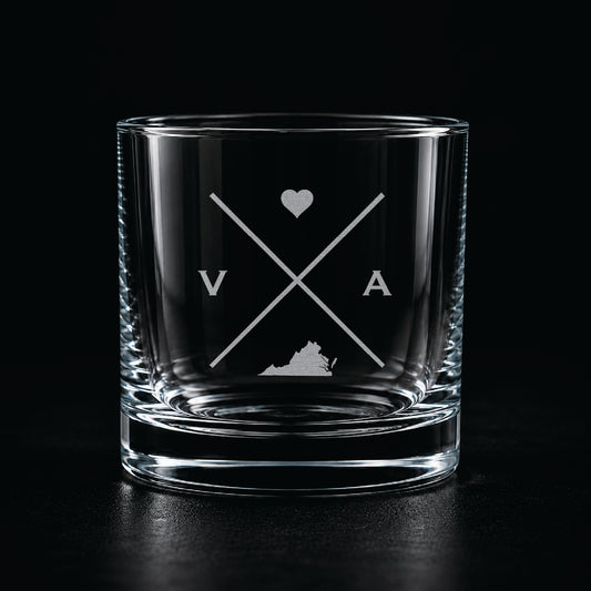 Engraved Virginia rocks glass with frosted Virginia silhouette and crossed-letter monogram on a dark background.
