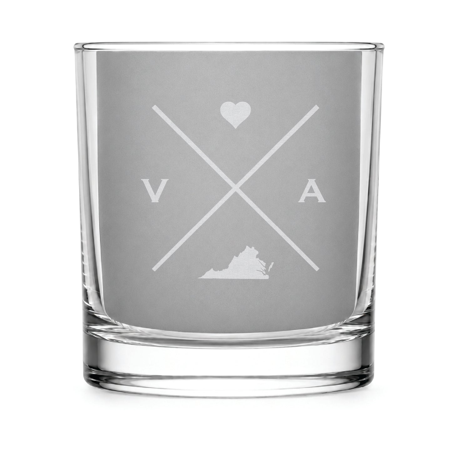 Clear engraved rocks glass featuring a minimalist crossed-line Virginia design with monogram initials, heart icon, and Virginia silhouette on a clean light background.